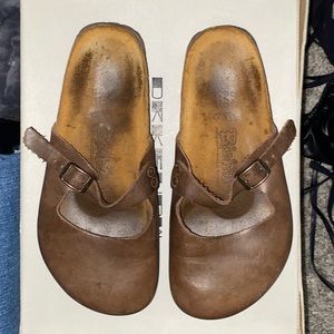brown leather Mary Jane style Birkinstocks